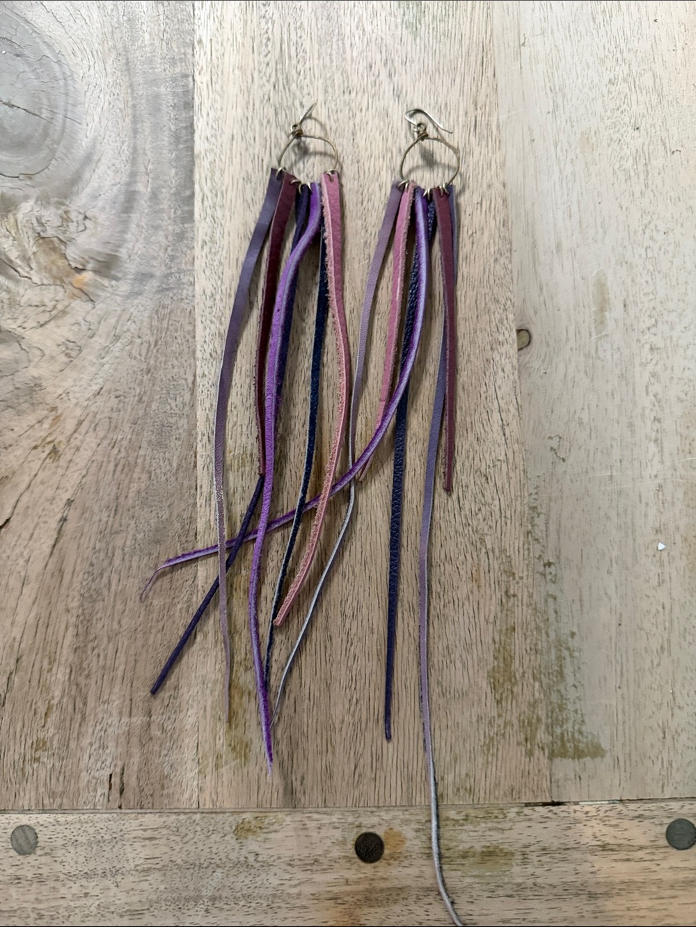 Handmade Purple and Pink Fringe Leather Drop Earrings